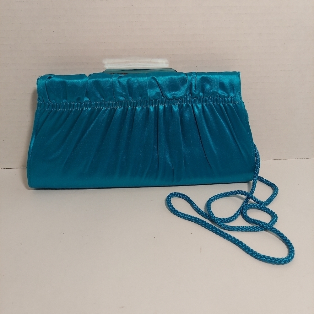 Kate Landry Blue Satin Clutch Evening Purse Crossbody Bag Rhinestone Closure